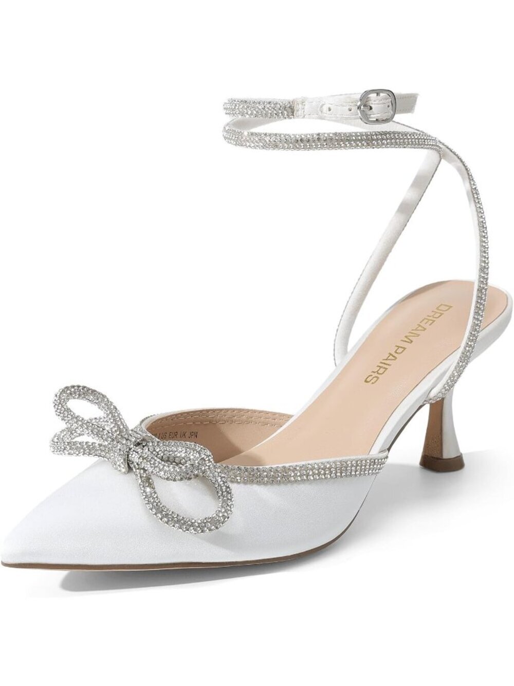 Women's Kitten Heels Rhinestone Bow White Ankle Strap Pointed Close Toe Heels